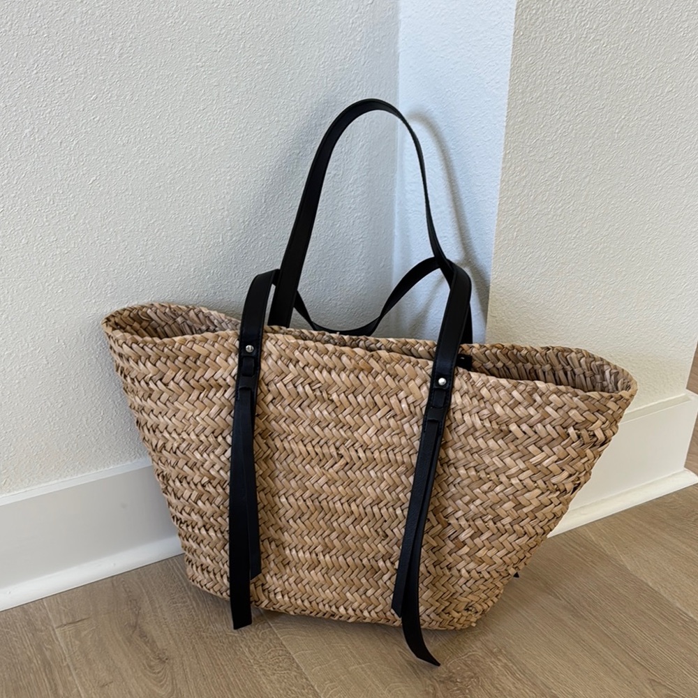 All Saints Straw Tote Bag with Black Leather Straps